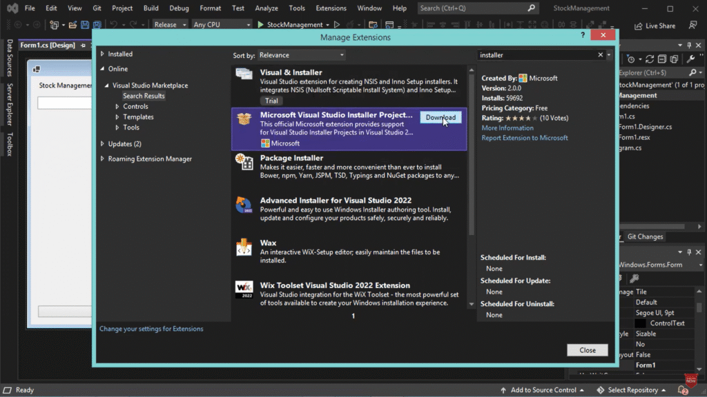Install Visual Studio installer project plugin